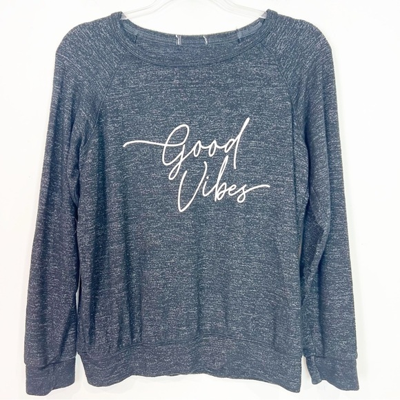 BUFFALO DAVID BITTON BLACK HEATHER GRAPHIC GOOD VIBES SWEATSHIRT WOMENS SMALL - Picture 1 of 5